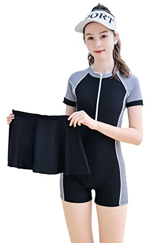 MEILONGER Baddräkter för flickor, tvådelat utslagsskydd simset baddräkter strandshorts snabbtorkande badskjortor storlek 8, 10-12, 14-16, 11253svart grå, 10-12 År