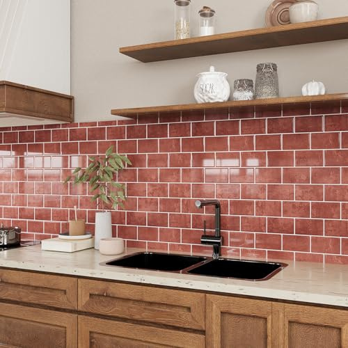 VEELIKE Azulejos Adhesivos Naranja Retro 3D Rectangulares Vinilos Cocina Azulejos Adhesivos Baño Baldosas Adhesivas Pared Cocina Impermeable Pegatinas de Baldosas Extraíble 30,5 cm×30.5 cm 6 Piezas
