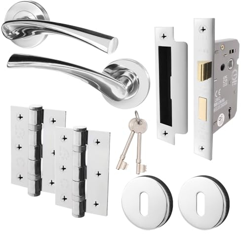EAI Polished Chrome Door Handles with Sash Lock and Hinges - Novoli | Complete Key Lock Kit with 1 Pair of Round Internal Door Handles, Sash Lock, 76mm Hinges and 2 Escutcheons, Fixings Included