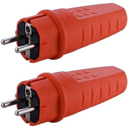 Gummi Stromstecker 230V, 16A, IP44, Wasserdicht Stecker, Bruchfest, Schuko Stecker mit Zugentlastung, Schutzkontakt Stecker mit Knickschutztülle für den Außenbereich geeignet (2, Orange)