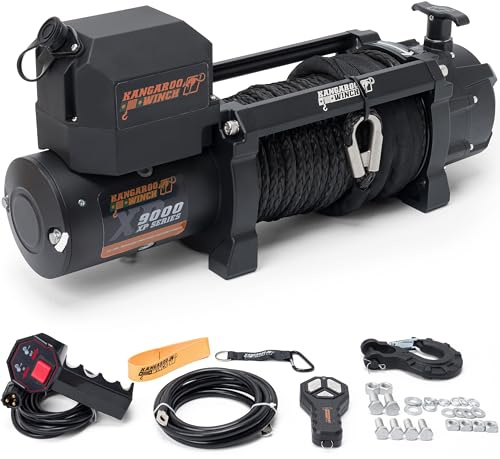 KANGAROO WINCH Schnelle Elektrische Seilwinde 12V, 9000 lbs Zugkraft | mit Funkfernsteuerung - Langlebiges Kunststoffseil - Perfekt für Offroad - 4x4 Forst- und Nutzfahrzeuge (K9000XP)