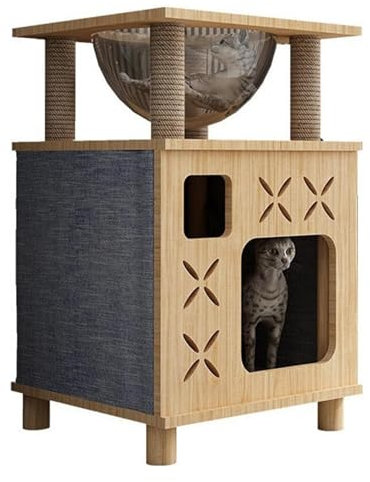 Moderna casa para gatos de 2 niveles con cuerda de lino, poste rascador, madera de goma, cueva para gatos, casa de juegos para estar de pie, color azul