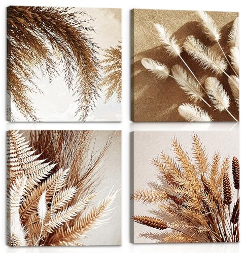 BINCUE 4 Stück Braune Beige Boho Wandkunst Pflanze Wandbilder Blumen 40x40cm