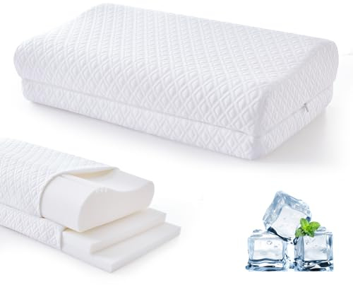 Contour Memory Foam Pillow for Neck Pain Relief – 3-Layer 5-Level Height Adjustable (Loft 1-6″), Cervical Ergonomic Cooling Tencel Cover High Loft Support for Side/Back/Stomach Sleepers, Queen
