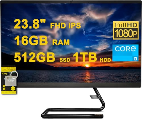 Lenovo IdeaCentre AIO 3 All-in-One Desktop 23.8 FHD IPS Anti-Glare Intel Quad-core i3-10100T 16GB RAM 512GB SSD + 1TB HDD Win10 w/ICP Accessory