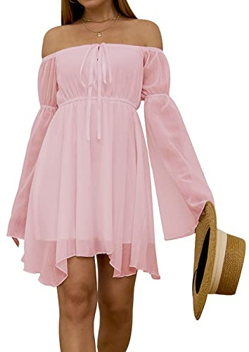 FDKLOOK Womens Dresses Off Shoulder Bell Sleeve Summer Fairy Dress Pink M