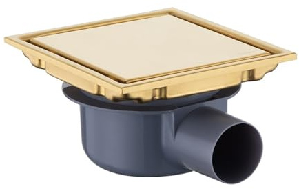 NEWFUN Canaleta de Ducha Cuadrada, 15 * 15 Desague Ducha, Rejilla Desague Ducha, Inhibidor de Olores, Desagüe de Suelo Invisible, Uso Positivo y Negativo, Soble Filtración, Alicatable (Gold)