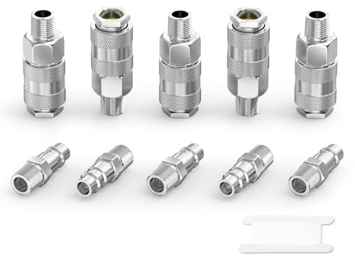 GASHER 10 Pièces 1/4 Inch Air Line Connectors, 1/4 BSP Male Thread Euro Airline Compressor Fittings, Quick Connect Air Coupler Air Hose Fittings,Air Coupler & Air Plug Kit