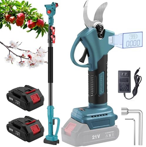 Forbici elettriche da potatura, forbici da giardino senza fili, cesoie for rami con display LCD, diametro di taglio 4 cm, con 2 batterie, asta telescopica da 2 m for potatura alberi da giardinaggio