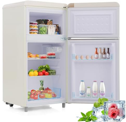 Frigorífico retro de 72 litros doble puerta superior e inferior con congelador de 21 litros frigorífico-congelador combinado 120 kWh/año minifrigorífico de ambiente color blanco.