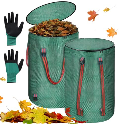 GOEDCH 2 Stück 120L Gartenabfallsack: Gartensack mit Deckel und Griffen, Rucksack, Selbststehend und Faltbar Laubsäcke, Gartensack mit Deckel und Griffen, Laubsack, Grünschnittsäcke für Gartenabfall