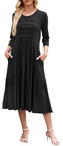 Kleid Damen 3/4 Arm Partykleid Midikleid Rundhals T-Shirt-Kleid Solide Reisekleid Elegant Holidy Kleider mit Taschen für Party Hochzeit