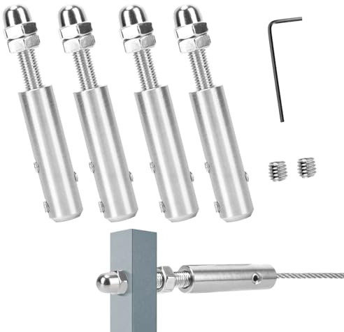 STFALI 4 Pièces Tendeur Cable Inox, Cable Inox 6mm Livré Avec Une Clé En Forme De L Et Deux Vis De Rechange, pour Fixation Haubanage