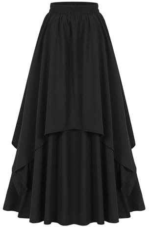 Gonna medievale da donna, lunga, gotica, a doppio strato, per costume tradizionale rinascimentale, in vita elasticizzata, vintage, stile vittoriano, elegante, linea ad A, per Halloween, Nero , XL