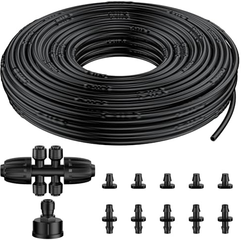 Pawfly Tubo de riego por goteo de 30 m, tubo con emisores de 6 mm y espaciado de 15 cm, línea de polietileno con 12 piezas, tubo negro para sistema de riego por goteo, rollo de manguera