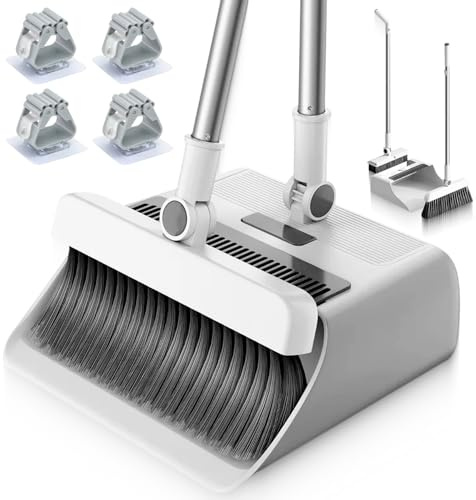 JUPPLIES Escoba y Recogedor Plegable 3 en 1 con Cepillo Extraíble y Limpiacristales Oculto - Mango Telescópico de 126 cm y Rotación de 180º - Limpieza del Hogar Oficina (Pack Escoba + 4 Soporte Pared)