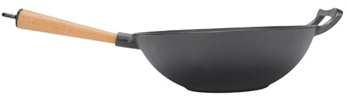 Yechiry Wok de Hierro Fundido, Sartén Antiadherente de 11.8 Pulgadas con de Madera de Diseño Ergonómico de Fondo Plano, Ideal para Inducción, Estufas Eléctricas, de Gas, Fuego Abierto Al Aire Libre