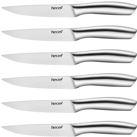 hecef Couteaux à steak 6 pièces, couteaux de table dentelés et tranchants avec manche creux ergonomique, petits couteaux en acier inoxydable pour viande et pain, lame 12,7 cm, argenté