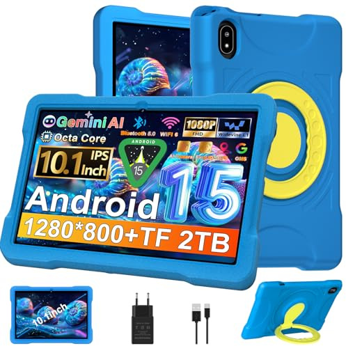 Tablet Android 15 10 Pulgadas con Core-Octa | 30 GB RAM + 64 GB ROM (TF / 2TB) |5MP + 8MP | Giochi Software Educativo (iWAWA) | 1280 * 800 Píxeles | Widevine L1 5G + 2.4G WiFi6 | Tablet EVA Case, Blue