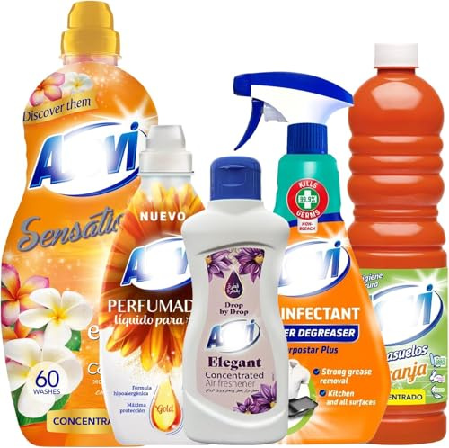 5 Piece Orange Household Spanish Cleaning Products Giftset Bundle Kit with Degreaser 720ml, Floor Cleaner 1L, Scent Booster 720ml, Air Freshener Drops 165ml, Fabric Softener Conditioner 60 Washes