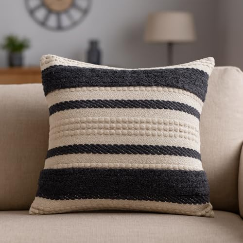 TreeWool Bohemia Funda de Cojín Decorativa de Algodón con Rayas Texturadas (45 x 45 cm, Gris Oscuro, Paquete de 1)