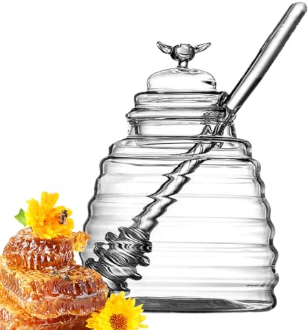 Generiskt transparent honungsglas 10 x 14 cm | Säker och luktfri arrangör, honungsdispenser med lock och mätsked för förvaring av honung, sallader, dressingar, såser, sirap E