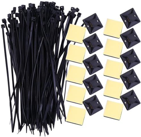 BEBEMOKO Soportes Adhesivos para Bridas Sujetacables Autoadhesivos Negros 20X20 MM 100 Unidades y 100 Bridas Multiusos para Organización de Cables en Hogar y Oficina
