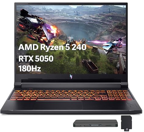 acer Nitro V 16 AI Gaming Laptop, 16 WUXGA 180Hz Display, AMD Ryzen 5 240, NVIDIA GeForce RTX 5050, 16GB DDR5, 512GB SSD, Backlit Keyboard, Copilot, Win 11, Black, 1TB Docking Station Set