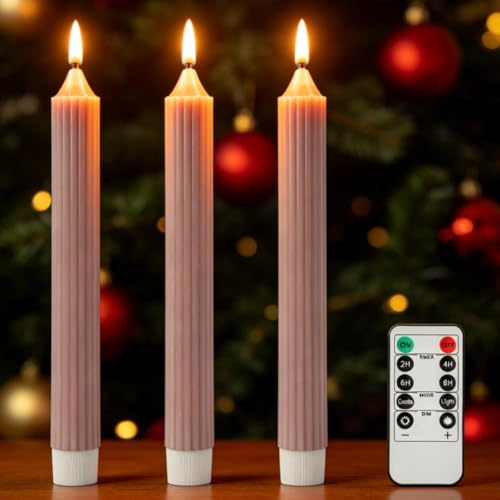 AnnSpa LED Kerzen mit Fernbedienung Batteriebetriebene, 3 Stück Mit Langem Stab Dochtlose Stumpenkerzen Heimdekoration Lange Konisch Kerzenhalter, LED Stabkerzen Dekoration mit Timerfunktion - Pink