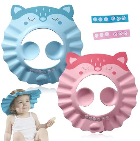 2 pcs Gorro de Ducha de Bebé Para, Gorro ducha niños, Visera baño niños, Suave Ajustable con Protección para los oídos Gorro de ducha, Evita que los ojos se llenen de Agua y Champú Protege (Rosa,Azul)
