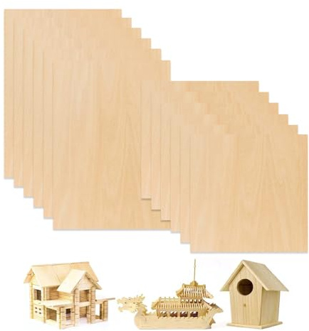 12 Pieces Basswood Sheets, Blank Plywood Sheets, Natural Thin Plywood Sheet, Unfinished Wood Boards for Crafts, Painting, Coherent Light Source Projects, 200x100mm, 100x100mm