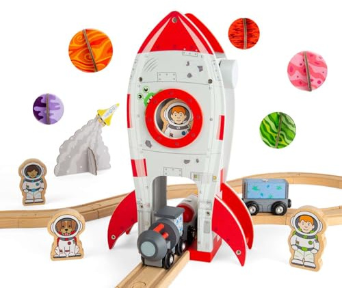 Bigjigs Rail Raketbåt | Järnvägstillbehör i trä | rymdskepp och astronautfigur för barn, rymdleksaker för fantasifullt spel, raketer i trä, kreativa gåvor