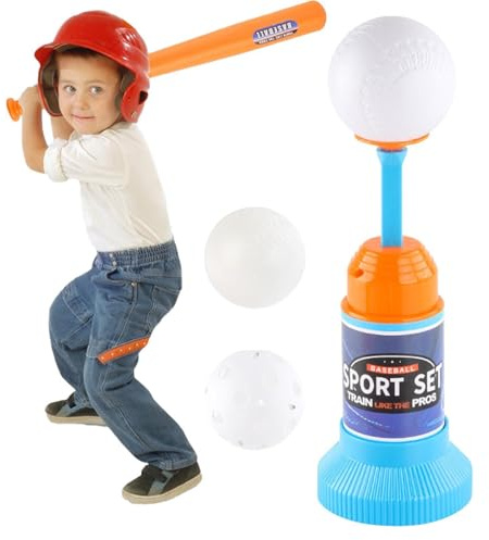 Barn T Ball Set - 58cm Baseball Trä | ABS Skum Automatisk Kastare | Sport Spel 3 Bollar Hand Öga Koordination Utomhus Aktivitet Flickor Pojkar Trädgård Park