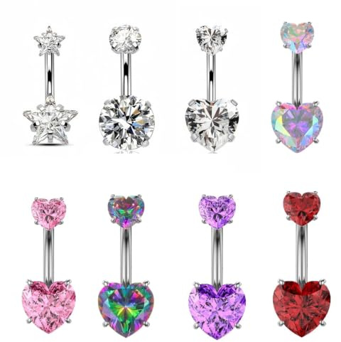 8PCS Multicolored Set Dangly Belly Button Bars, Belly Button Piercing Kit
