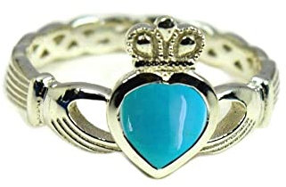Irischer Claddagh-Silberring mit natürlichem Edelstein, Freundschaftsring, 55 Karat, Größe 5 bis 12, Edelstein, Natur-Türkis