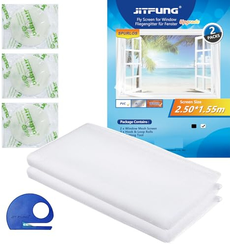 JIT-FUNG Fliegengitter Fenster, Zuschneidbares Moskitonetz, Insektenschutz mit Starkem Klettband [SPURLOS] & Zuschneider, Fliegen Netz ohne Bohren – Weiß, 250 x 155 cm (Bienenwabe, 2er-Set)