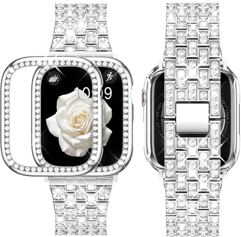 SUPOIX Compatible with Apple Watch Strap 38mm 40mm 41mm 42mm 44mm 45mm 49mm with Case, Women Metal Replacement Strap and 2 iWatch Cases