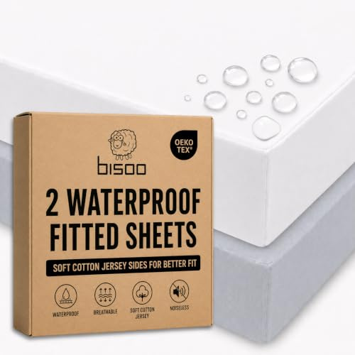 Bisoo Zauberlaken Spannbettlaken 80x130 1 Weiß + 1 Grau für Babybett Baby | 2 in 1, Spart den Matratzenschoner, Wasserdicht, Atmungsaktiv, Weicher Baumwoll-Jersey Oeko-Tex