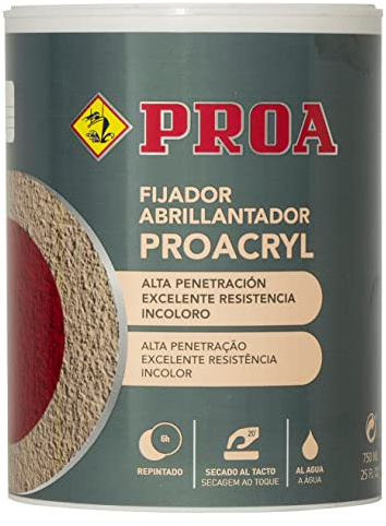 Fixateur lustrant acrylique PROACRYL. Incolore 750 ml. Apprêt fixateur à l'eau pour peintures plastiques. Dilution 6 d'eau à 1 de produit.