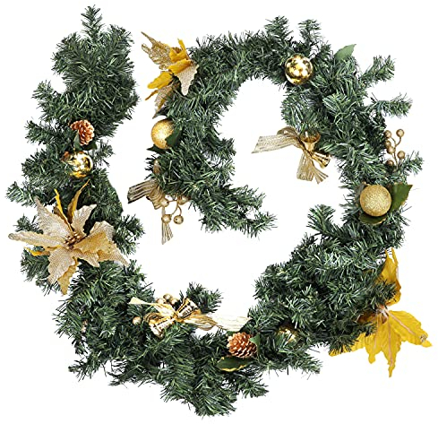 BELLE VOUS Guirnalda Navidad Arbol Pino Artificial Verde – 1,8 m con Piñas de Pino, Flor de Pascua Dorada, Bolas, Bayas y Lazos - Guirnaldas Navideñas Decorar Interiores en el Hogar y en Bodas