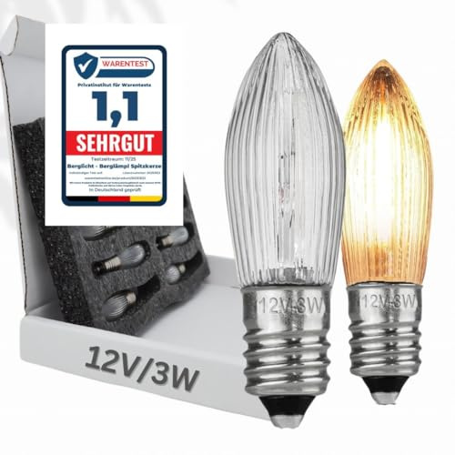 10x Glühbirne Berglämpl E10 12V/3W Riffelkerze Spitzkerze Topkerze Glühlämpchen für Schwibbogen und Lichtbögen