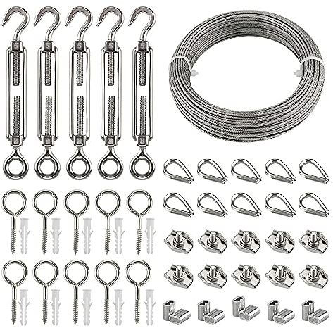 Drahtseil Edelstahl Rankhilfe - 35m PVC Stahlseil Spannen Set mit Spannschloss M5,Ösenschraube,Seilkausche, Drahtseilklemme & Alu Seilklemme für Kletterpflanze,Geländerseil,Lampe/Bilder Aufhänge