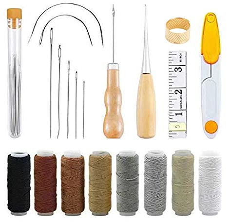 Queiting Leder Werkzeuge Set 29 Stück mit 8 Farben Wachsfaden Hand Ledernadeln DIY Handwerk Ledernähset Nähzubehör mit Nadeln Nähfaden Maßband für Ledernähen