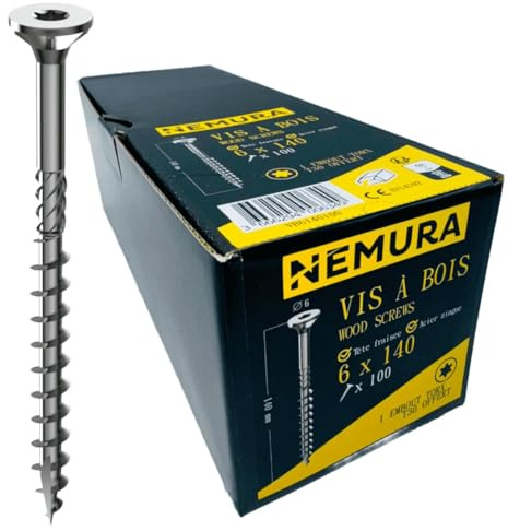 Nemura Lot de 100 Vis à Bois 6 x 140 mm - en Acier Zingué à Tête Fraisée - vis à bois Torx - Visses Spéciales pour Bois et Aggloméré- Haute Qualité Durable - Marque Francaise