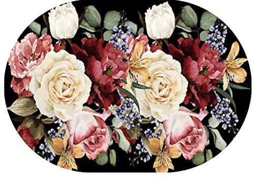 Rururug Teppich Oval Moderner Läufer Orientteppich Kurzflor Flur Schlafzimmer Küche Wohnzimmer rutschfest Waschbar, Große rote und weiße Blumen, schwarzer Hintergrund Oval 80 x 150 cm
