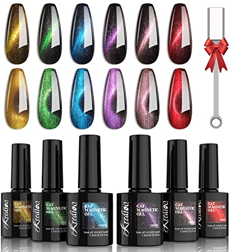 Kredioo UV Nagellack Set Gel Nagellack Cat Eye Magnet Shellac Set 6 Farben mit Magnet, Mehrfarbig Soak Off UV LED Gellack Nagelstudio Geschenk Set 7.5ml