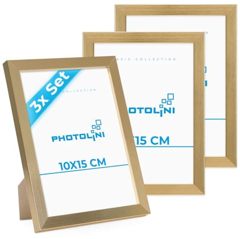 PHOTOLINI Bilderrahmen 10x15 Gold MDF-Holz, 3er Set Poster-Rahmen, bruchsicheres Acrylglas, zum Aufhängen & Aufstellen, extra Zubehör - für Fotos & Poster