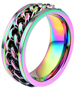 KnBoB 8MM Ringe Herren Modeschmuck, Bunt Regenbogen Panzerkette Spinner Ring Edelstahl Anxiety Ring Größe 57 (18.1)