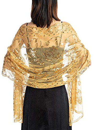 GIBZ Damen Bestickt Glitzer Schal Dünn Vintage Floral Stola Wraps mit Pailletten für Hochzeit Abendkleider, Gold