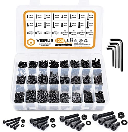 VIGRUE 1225PCS Schrauben Set M2 M3 M4 M5 Legiertem Stahl-Sechskopf-Knopf Schrauben Muttern und Unterlegscheiben Sortiment Kit Sechskantschrauben mit Aufbewahrungsbox flach Fall Box +Schraubenschlüssel